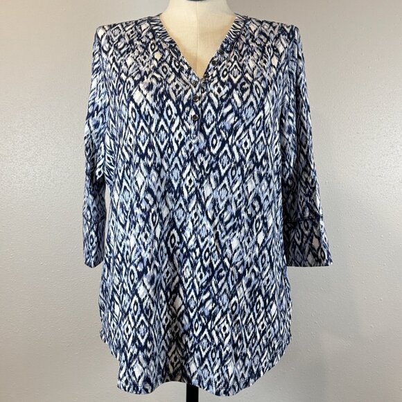 Relativity Womens Multicolor Geometric Tunic Blouse 3/4 Sleeve Blue Plus Size 1X - Picture 1 of 14